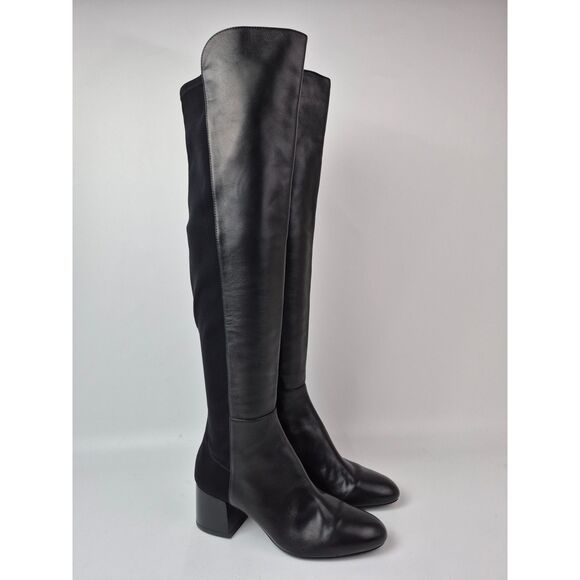 Stuart Weitzman 5050 Women's Black Leather Flareblock Boots Size 6.5 SG659 - Picture 1 of 7